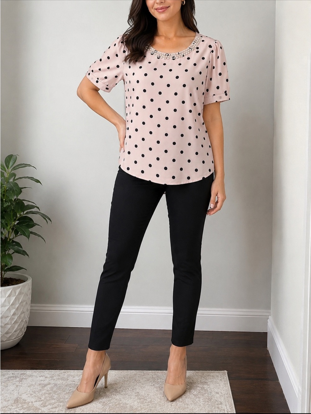 SHEIN Cream Polka Dot Pearl-Trim Short Sleeve Blouse